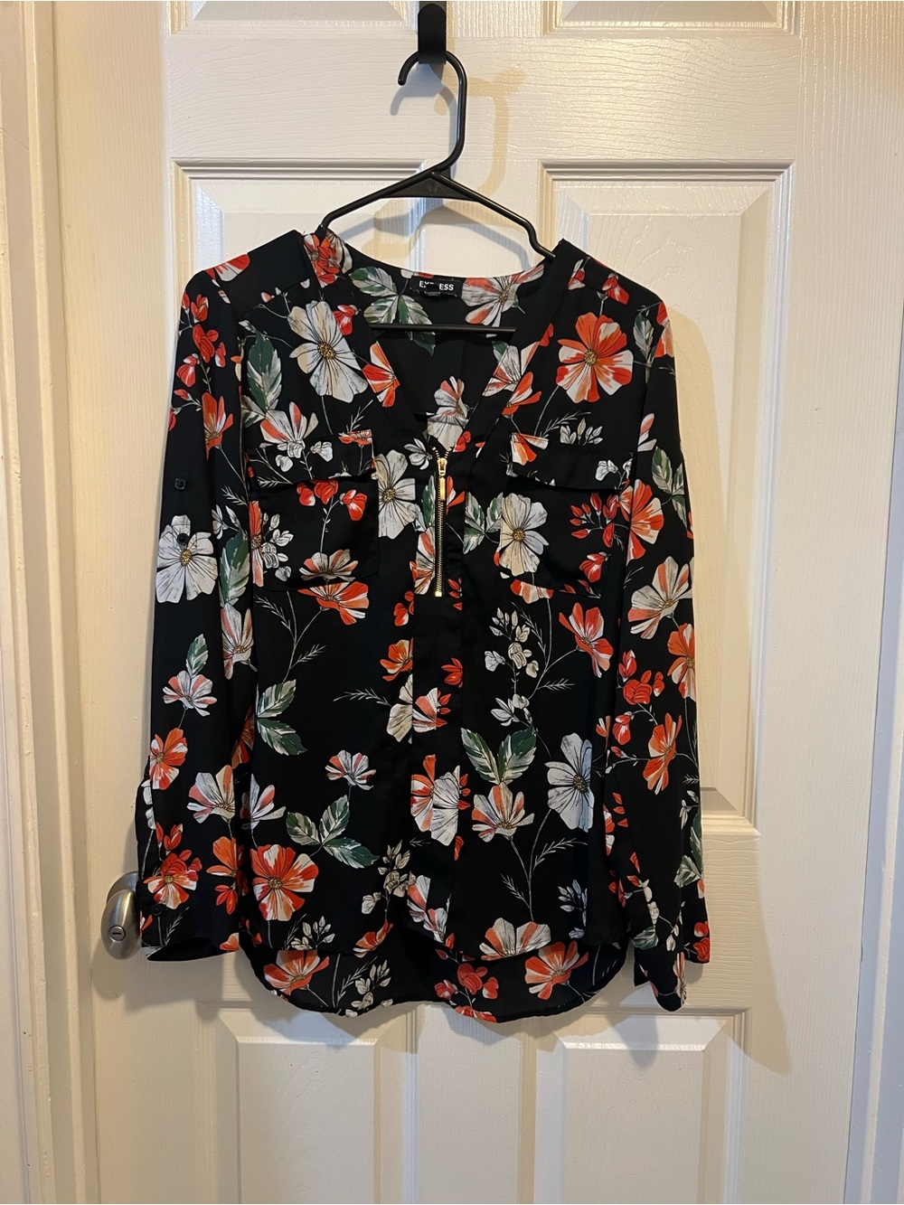 Express Black Floral Zip-Front Blouse with Red & White Flowers